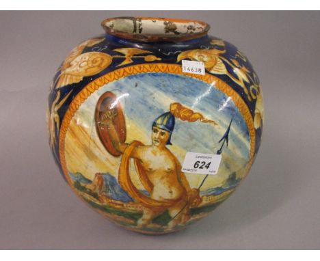 19th Century Italian Majolica ovoid portrait jar (cracks and damages), 12ins high approximately