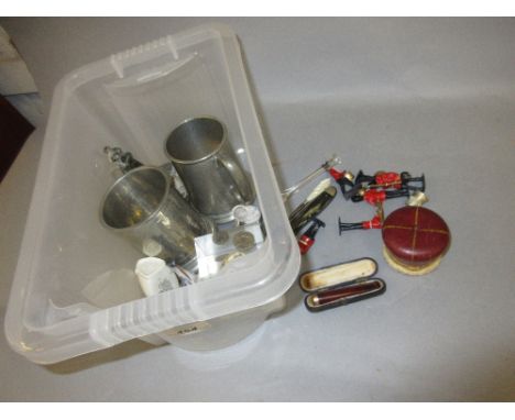 Gold mounted amber cigar holder in case, miscellaneous pocket knives, Coronation commemorative inkwell and other small collec