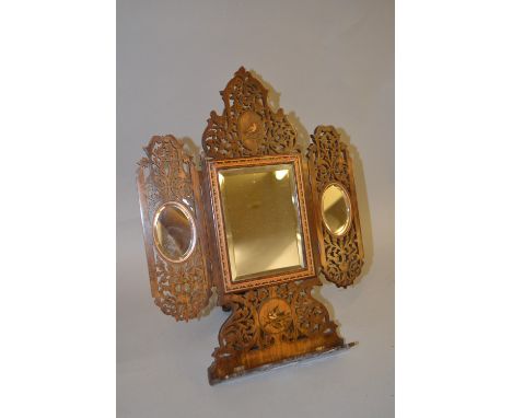 19th Century Sorrento ware olive wood easel type mirror inset stand inlaid with various birds and parquetry inlays