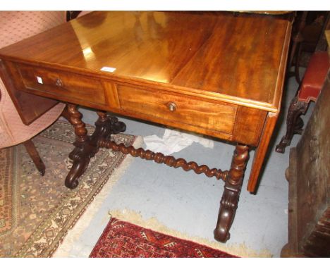 Victorian mahogany rectangular drop-leaf sofa table with two frieze drawers raised on barley twist supports with stretcher