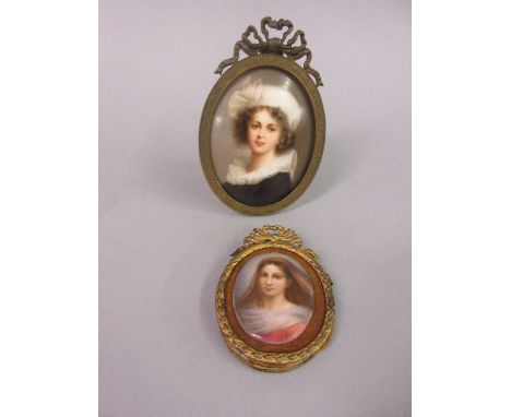 19th Century Continental porcelain plaque painted with a portrait miniature of a girl wearing a white headdress and black dre