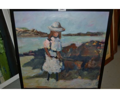 Modern British school oil on canvas, portrait of a child in a rocky coastal landscape, ebonised frame, 20ins x 20ins