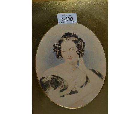 19th Century watercolour, head and shoulder portrait, oval mounted and gilt framed, together with a small watercolour, botani