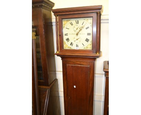 19th Century mahogany longcase clock, the square hood with flanking pilasters above a rectangular panelled door, the painted 