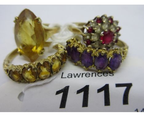 9ct Gold five stone amethyst ring, a similar five stone citrine ring, a marquise citrine ring and a red and white cluster rin