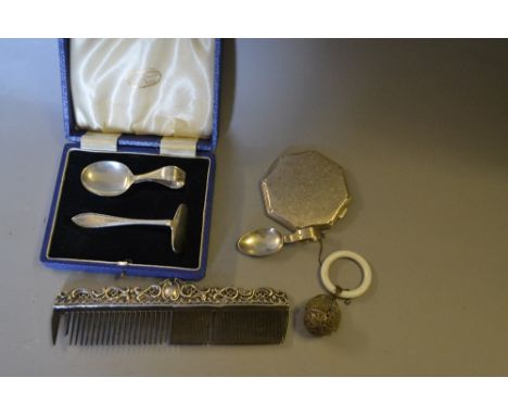 Cased silver Christening set, white metal compact, silver mounted comb, silver babies feeding spoon and a filigree babies rat