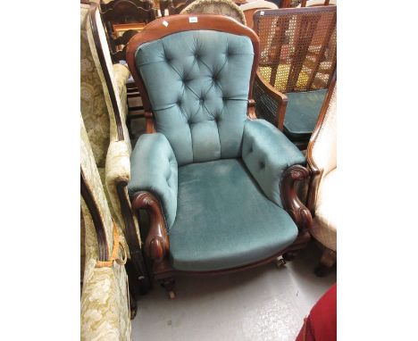 Victorian mahogany and button upholstered low seat nursing chair   CONDITION REPORT  Joints are loose and the glue has dried 