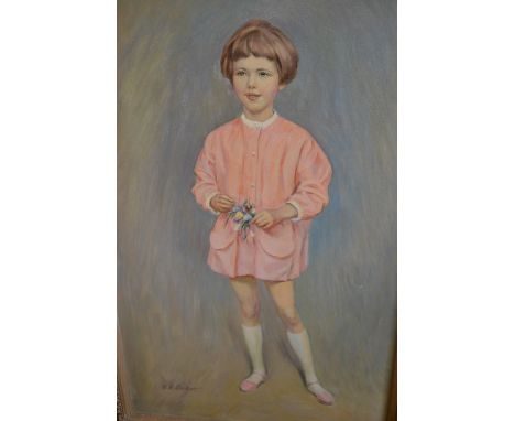G.R. Corbett, full length portrait of a young girl holding a posy of flowers, in a wooden antique frame