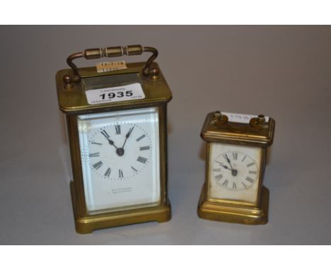 20th Century brass carriage clock, the enamel dial inscribed W.P. Ovenden, Folkestone, together with a small Ansonia brass ca