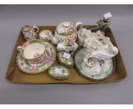Mintons three piece bachelor's teaset together with a matching cup and saucer, two small gilt metal mounted trinket boxes and