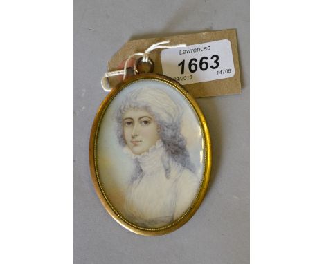 J.P. Gobeaux, watercolour, portrait miniature of a girl wearing a white high collared dress, oval mounted, gilt framed, signe