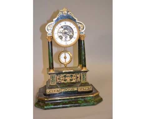 19th Century French green stained and simulated tortoiseshell portico clock with gilt brass mounts, the enamel dial with Roma