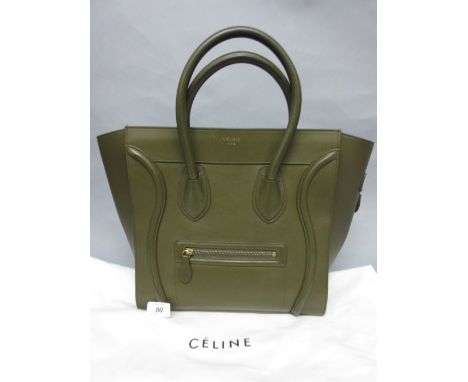 Celine of Paris mini luggage tote bag in smooth olive green leather, with original dust bag and care instructions CONDITION R