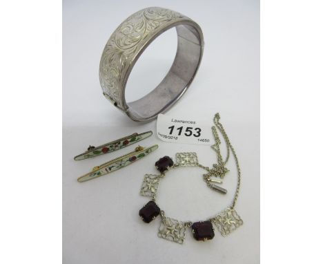 Two David Anderson Norwegian silver gilt enamel decorated brooches, together with a silver bangle and a silver necklet