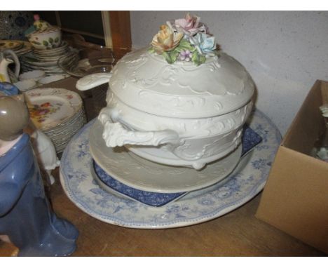 19th Century oval blue and white floral and bird decorated meat plate, another later blue and white meat plate and a large Co