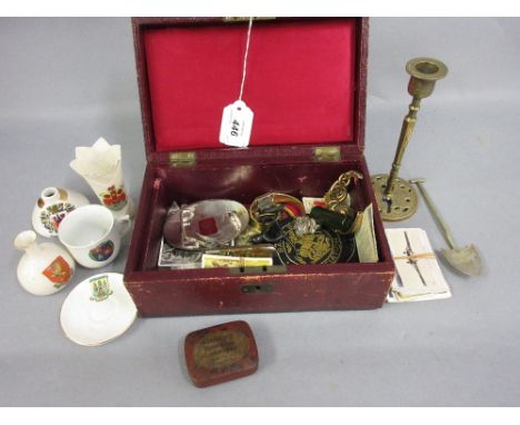 Red leather jewellery box containing a quantity of miscellaneous items including cards, candlestick, pen knife etc.