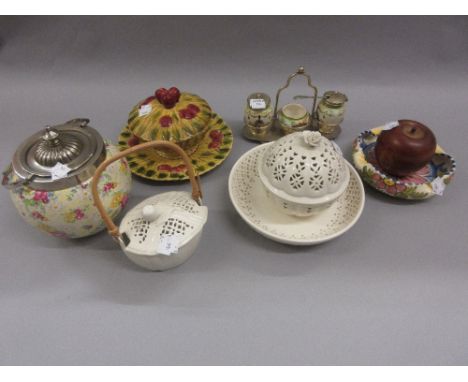 Three items of reproduction Leeds ware, Sarreguemines pottery preserve dish with cover, chintz decorated biscuit barrel, cond