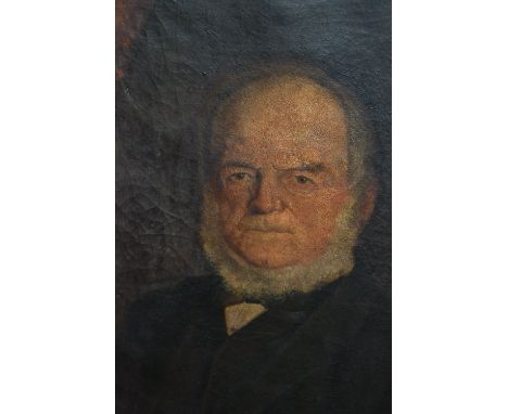 19th Century oil on canvas, half length portrait of a gentleman (at fault), 30ins x 25ins, ebonised framed
