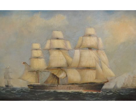 W.W. Champ, oil on canvas laid down on board, portrait of a 19th Century three masted sailing vessel, possibly an iron clad, 