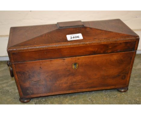 Regency yew wood and inlaid sarcophagus shaped tea caddy on low bun feet