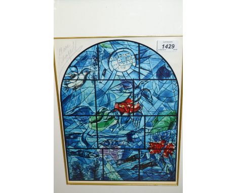 After Marc Chagall, coloured print, study of a stained glass window, bearing signature, gilt framed, 12ins x 9ins, gilt frame