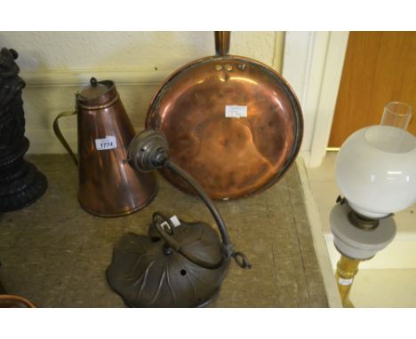 Copper and brass lined tapering form jug with lid, copper warming pan and a wall light fitting in the form of a lily pad