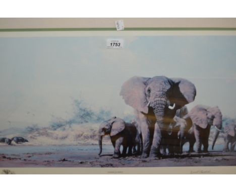 David Shepherd, signed coloured print, evening in Africa, 15ins x 30ins, mahogany framed