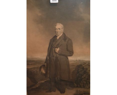 Large 19th Century black and white engraving, portrait of George Stephenson, in a birds eye maple cushion frame after the pai