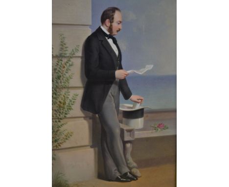 K.P.M. porcelain plaque painted with a full length portrait of Prince Albert reading a letter after Winterhalter, 10.25ins x 