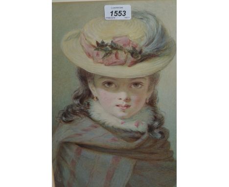 J.D. Miller, watercolour, portrait of a girl wearing a shawl and bonnet, signed with initials and dated 1876, 13ins x 9.5ins,