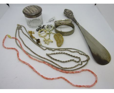 Silver bangle, silver topped dressing table jar, silver handled button hook and a small quantity of costume jewellery