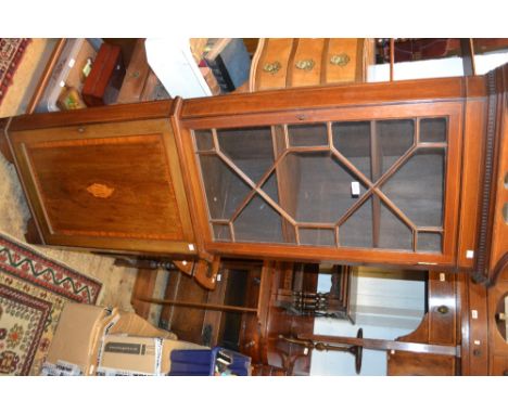 Edwardian mahogany satinwood crossbanded line and shell inlaid standing corner cabinet with a swan neck pediment above an ast