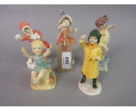Group of five Royal Worcester figures of children modelled by F.G. Doughty, including ' Snowball ', ' Let's Run ', ' At the S