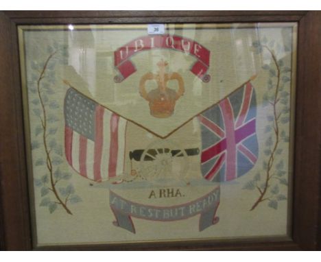 Early 20th Century woolwork picture of a Regimental coat of arms for ' A ' Battery Royal Horse Artillery, with American and B
