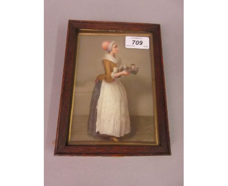 Hutschenreuther porcelain plaque painted with a portrait of Elizabeth Baldauf after J.E. Liotard, standing holding a coffee t