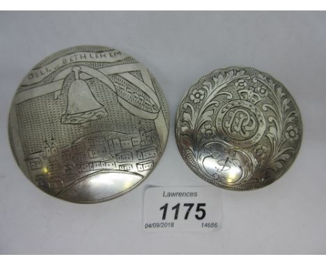 White metal compact inscribed ' Bell of Bethlehem ' and engraved with a view of the same together with another similar