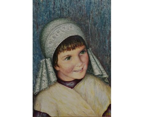 H.R. Davis, 20th Century oil on canvas, portrait of a girl wearing a lace headdress, signed, 15ins x 11ins, gilt framed