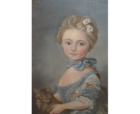 Late 19th / early 20th Century oil on canvas, half length portrait of a Georgian girl holding a cat, 27ins x 23ins, gilt fram