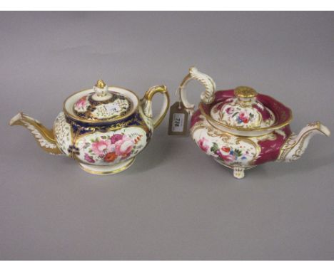 19th Century English porcelain teapot painted with floral cartouches on cerise and gilt ground (damages) together with anothe