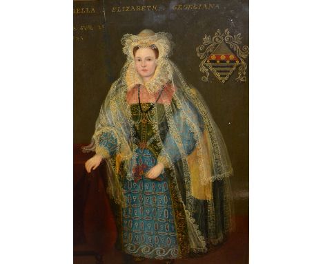 19th Century oil on panel, full length portrait of a lady in Tudor costume, unsigned, bearing an inscription ' Isabella Eliza