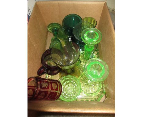 Small box containing a quantity of various glassware including: small flash glass mug, enamel vase, dressing table tray, pair