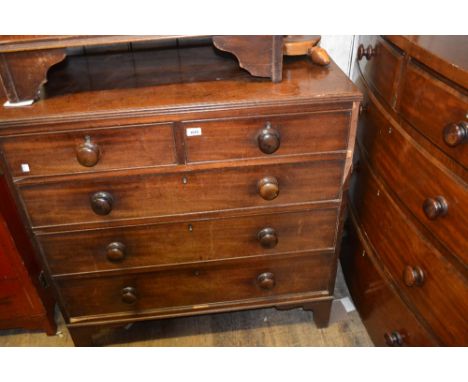 19th Century mahogany chest of two short over three long graduated drawers having knob handles raised on bracket feet