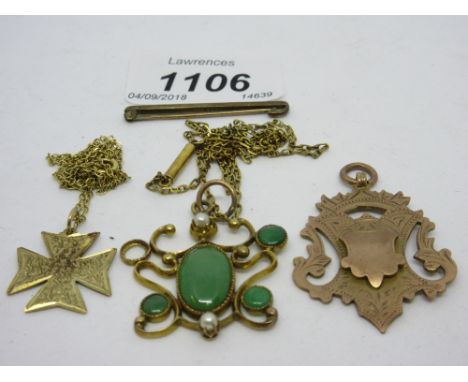 Yellow metal jade and seed pearl pendant (at fault) on a 9ct gold chain, together with a 9ct gold Maltese cross pendant on ch