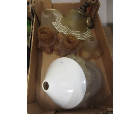 Box containing a quantity of various glass lamp shades and ceiling shades