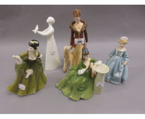 Two Royal Worcester figures, ' Francesca ' and ' Grandmother's Dress ', together with three Royal Doulton figures (two at fau