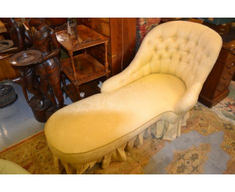 Victorian yellow button upholstered chaise longue raised on cabriole supports