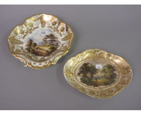 19th Century Derby leaf form dish painted with figures before a ruined church in a landscape, inscribed verso ' In Spain ', p