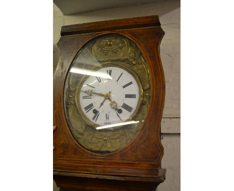 19th Century French stained and painted pine longcase clock, the shaped hood above a baluster trunk and conforming plinth bas