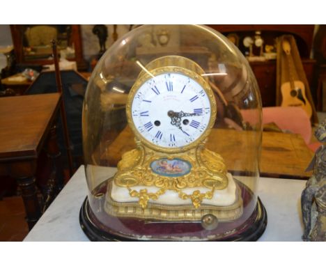 19th Century Frenchy ormolu and porcelain mounted drum form mantel clock, the enamel dial with Arabic and Roman numerals, sig