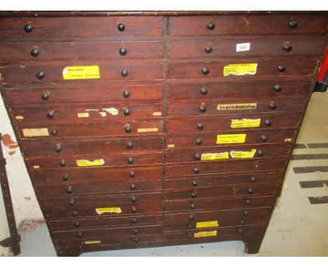 Late 19th / early 20th Century stained softwood thirty drawer collector's cabinet with bracket feet, 38.5ins wide   CONDITION